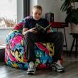 ZigZagBAG klasszikus cseppforma felnőtt közepes babzsák, Puma puha bútorszövet huzattal, sötét (fakó) zöld - narancs (2.)